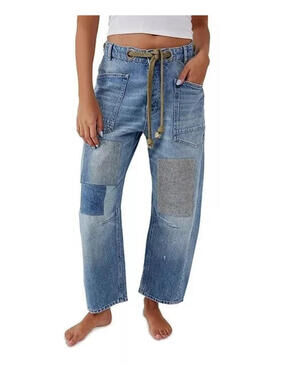 Free People We The Free Moxie Pull Up Barrell Distressed Jeans Blue Size 27 W